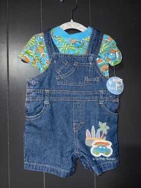 Denim Short Overalls with Blue Tropical Tee